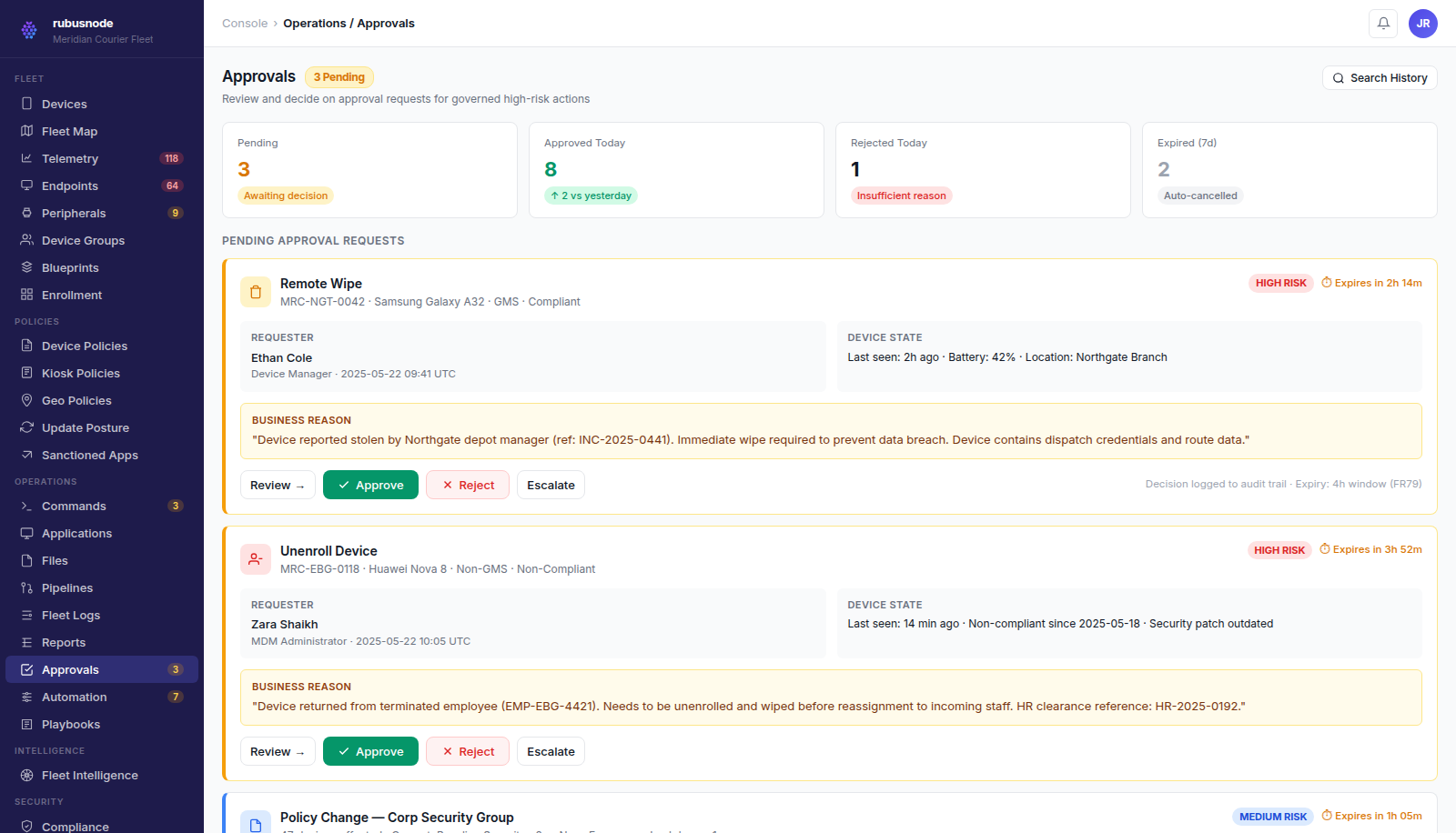 RubusNode approval workflow for a sensitive fleet operation