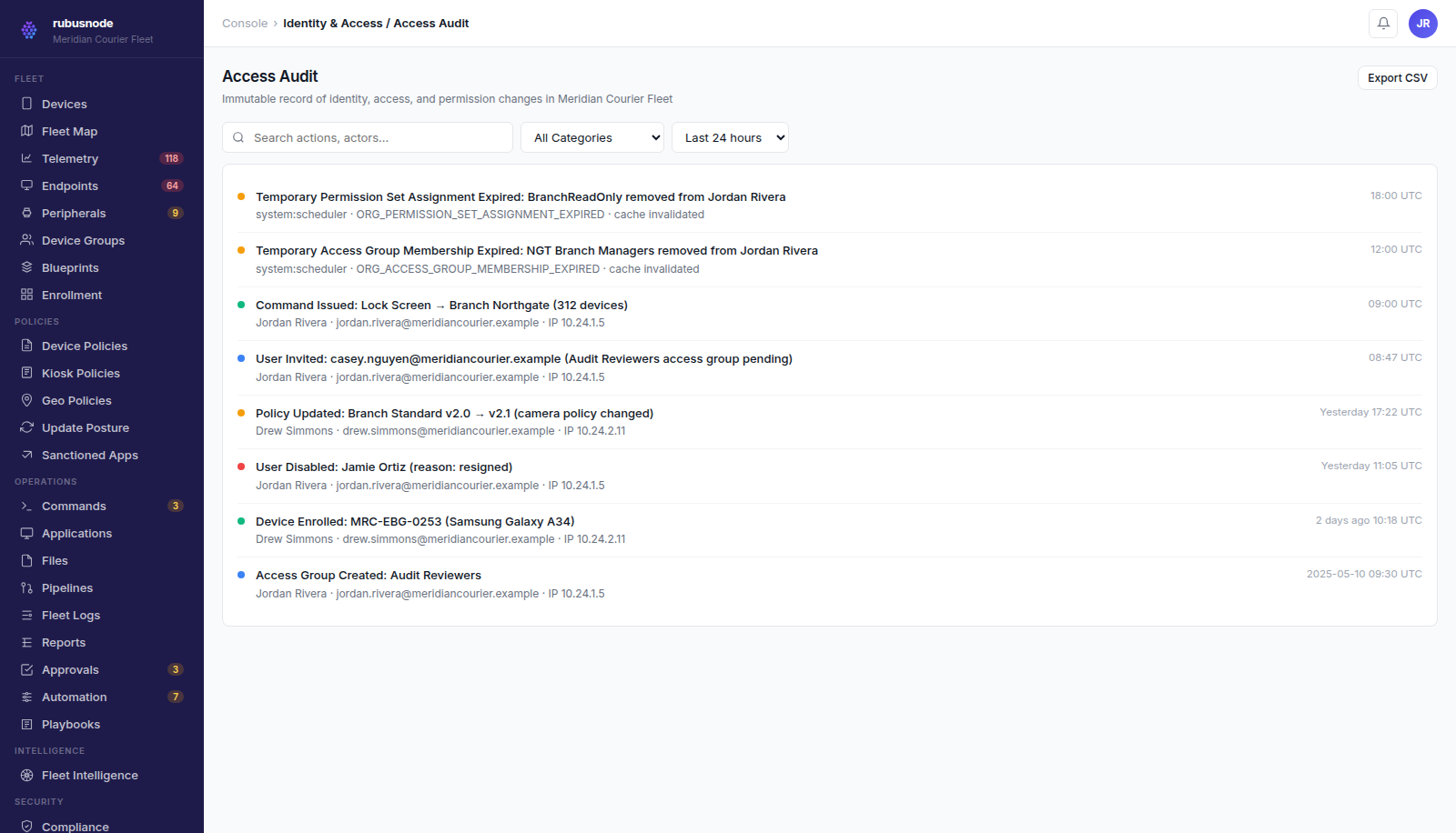 RubusNode access audit trail showing an immutable log of identity and permission changes