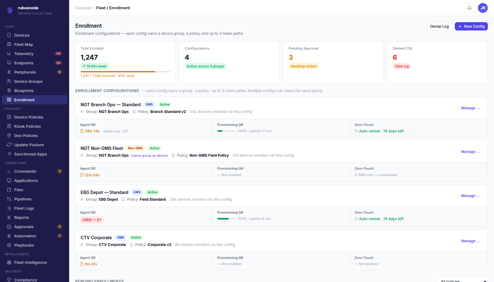 RubusNode Android enrollment screen for QR, Device Owner, and zero-touch provisioning