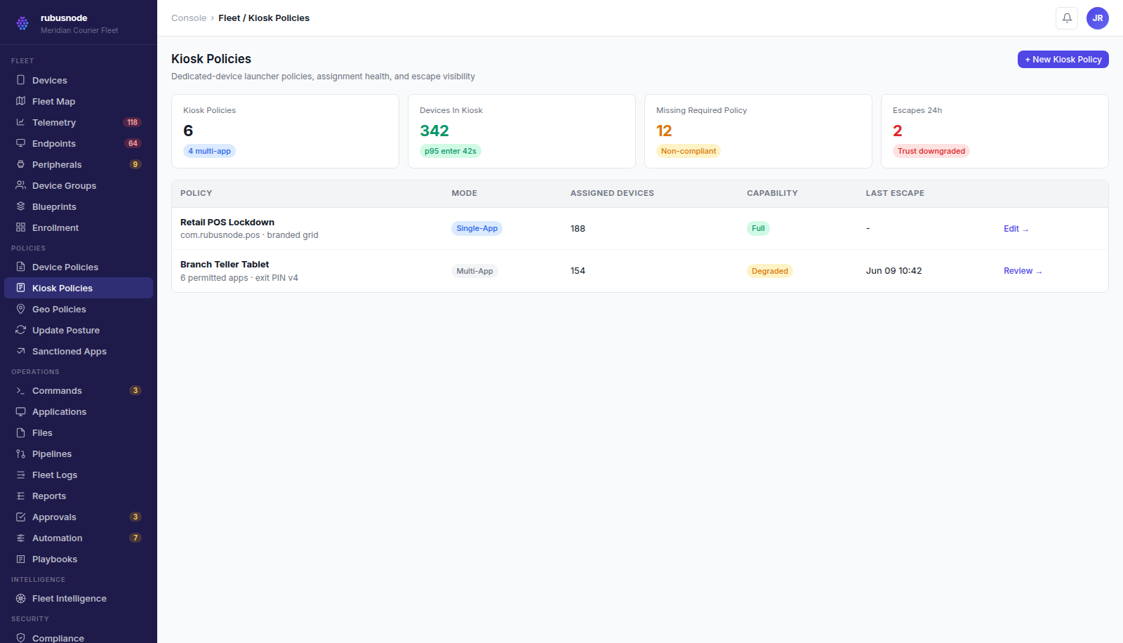 RubusNode kiosk policies screen showing single-app and multi-app lockdown configuration and escape events