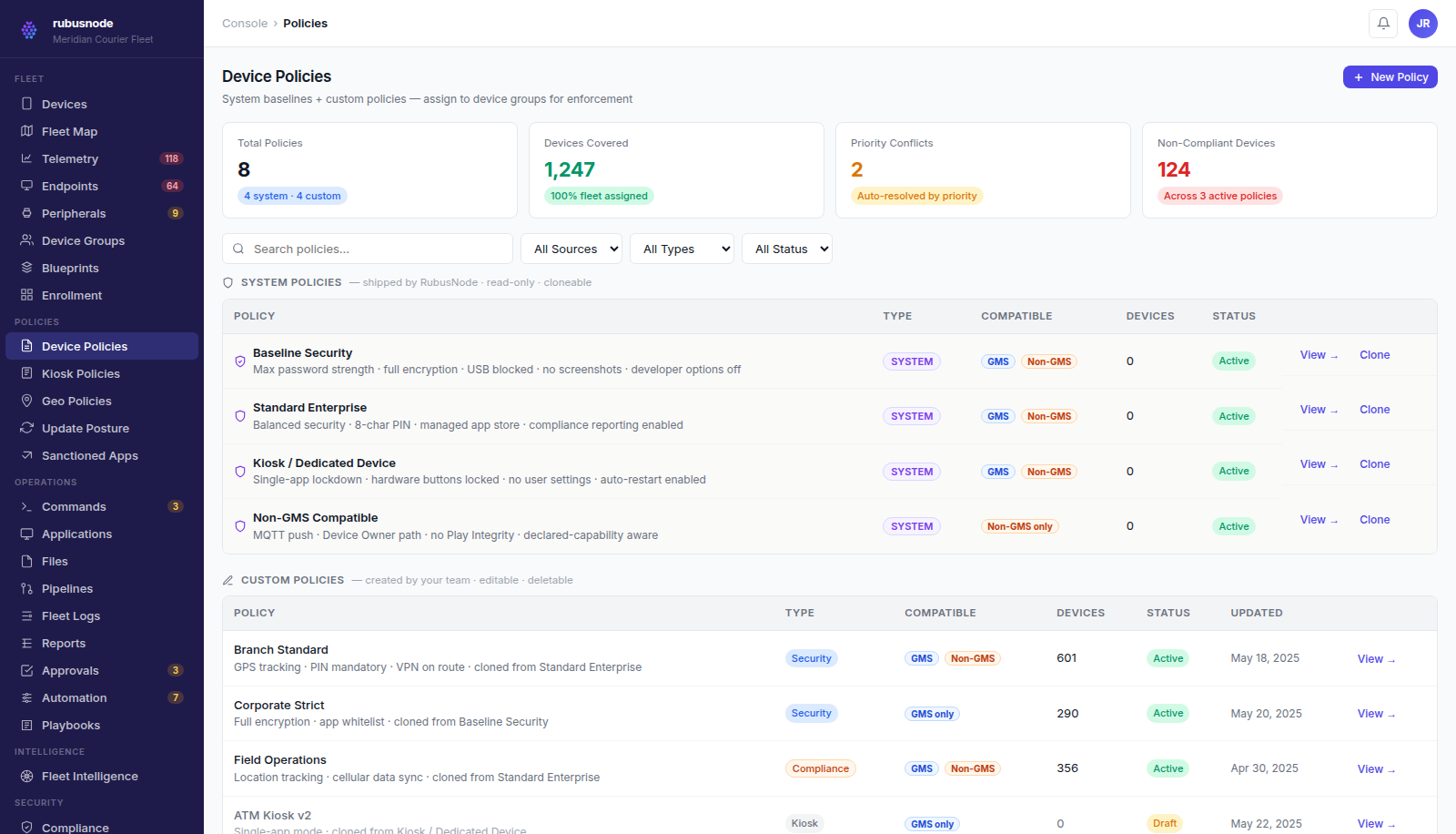 RubusNode device policies screen listing system and custom policies with device coverage and status